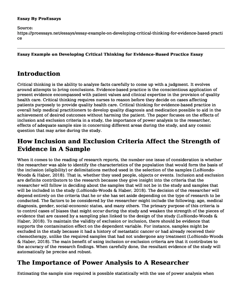 Essay Example on Developing Critical Thinking for Evidence-Based Practice