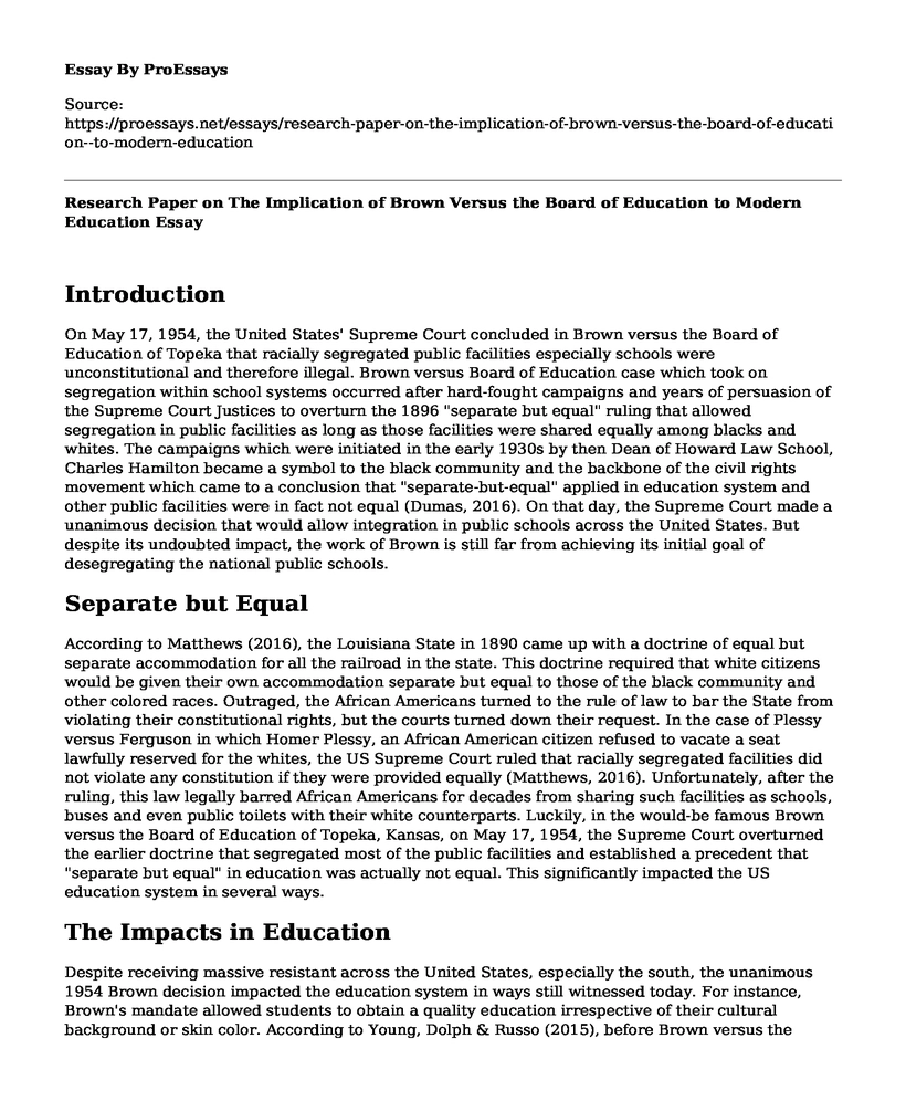 Research Paper on The Implication of Brown Versus the Board of Education  to Modern Education