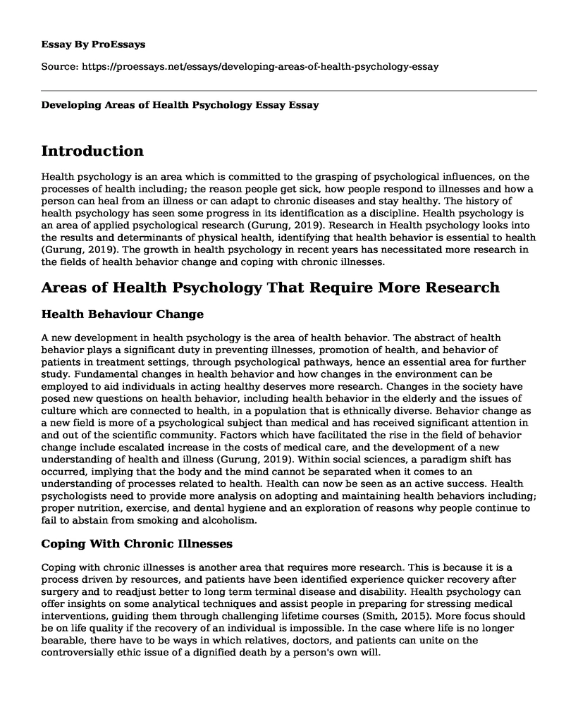Developing Areas of Health Psychology Essay