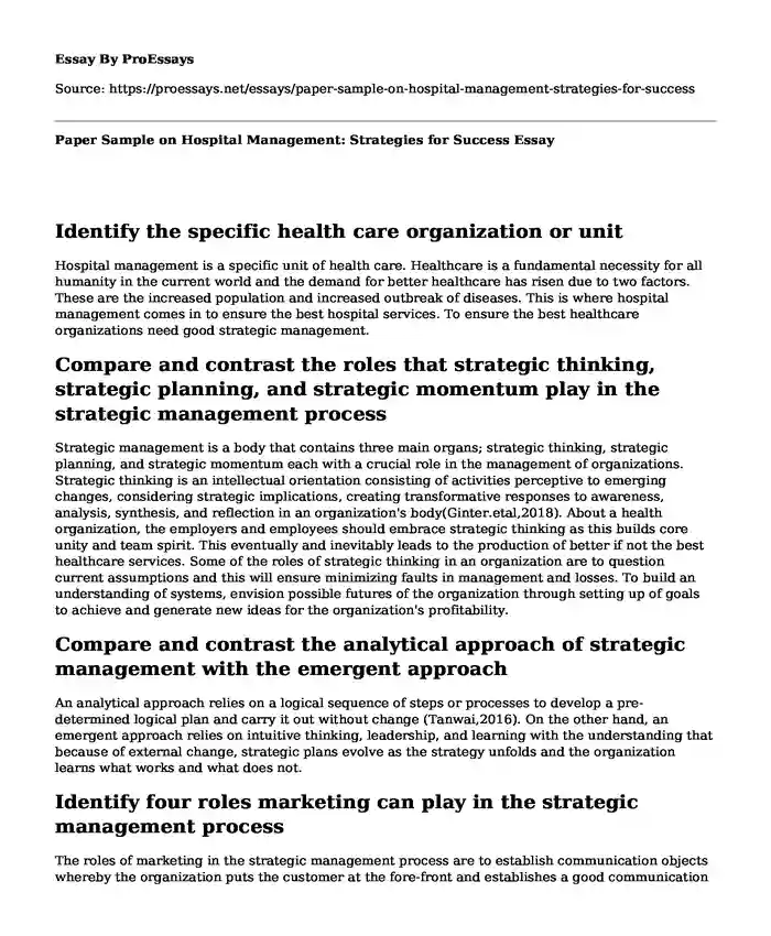 Paper Sample on Hospital Management: Strategies for Success