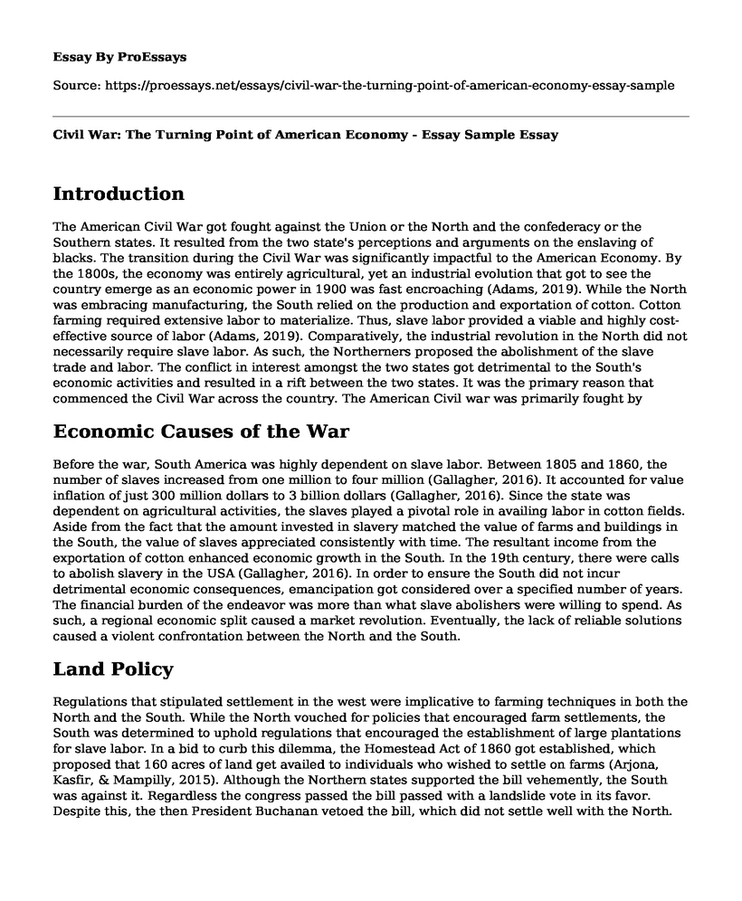 Civil War: The Turning Point of American Economy - Essay Sample