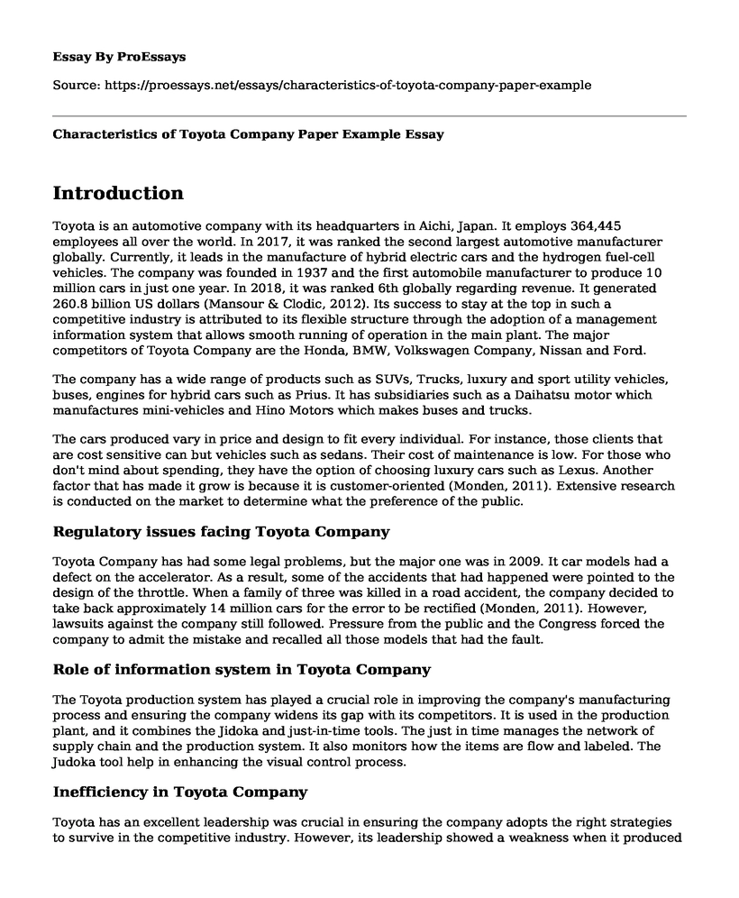 Characteristics of Toyota Company Paper Example