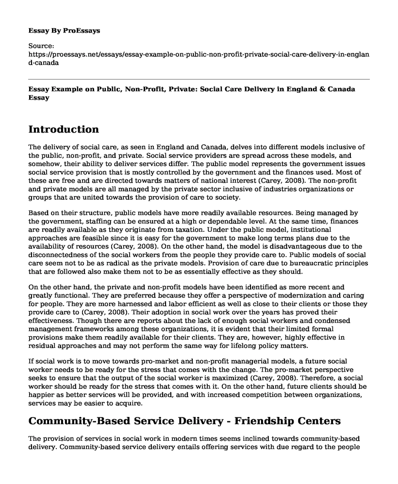 Essay Example on Public, Non-Profit, Private: Social Care Delivery in England & Canada