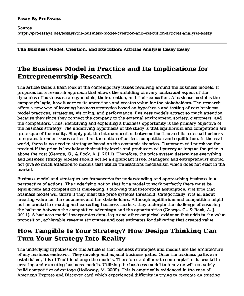 The Business Model, Creation, and Execution: Articles Analysis Essay
