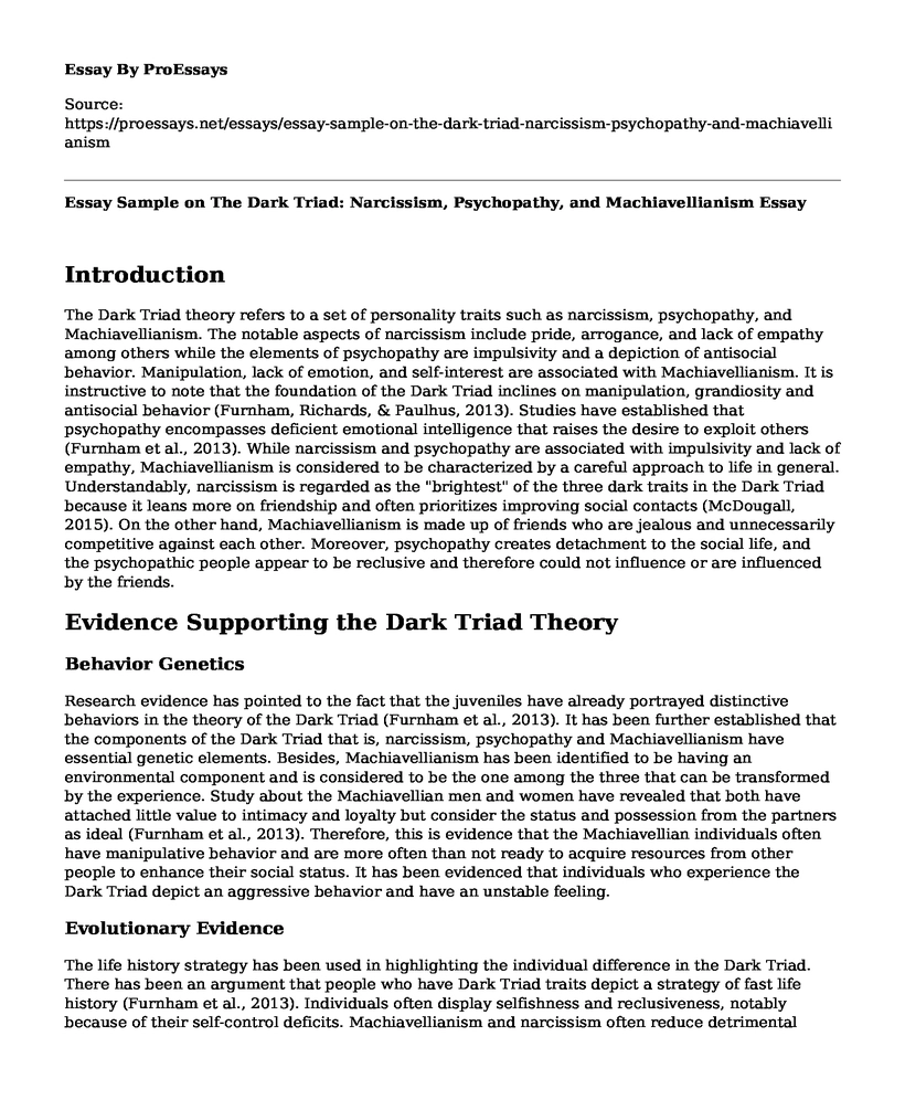 Essay Sample on The Dark Triad: Narcissism, Psychopathy, and Machiavellianism