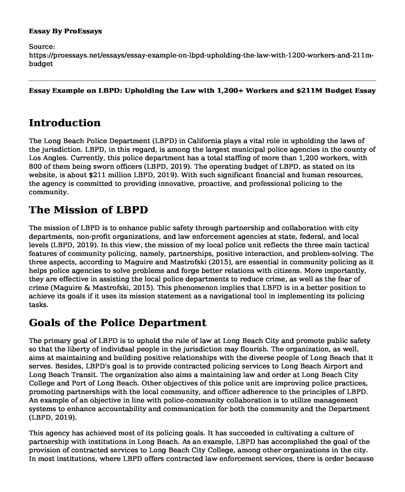 Essay Example on LBPD: Upholding the Law with 1,200+ Workers and $211M Budget