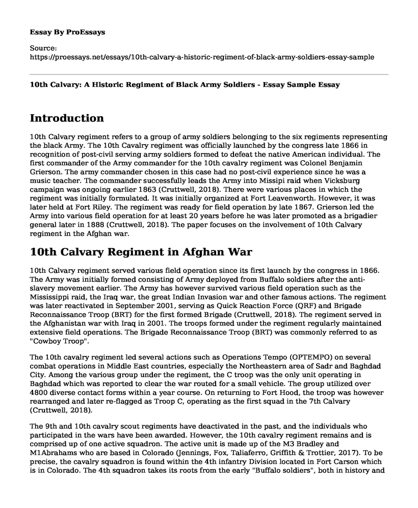 10th Calvary: A Historic Regiment of Black Army Soldiers - Essay Sample