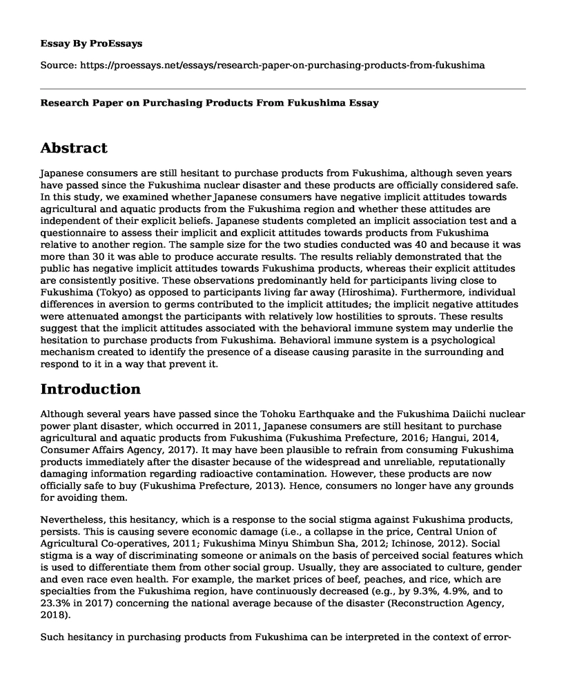 Research Paper on Purchasing Products From Fukushima
