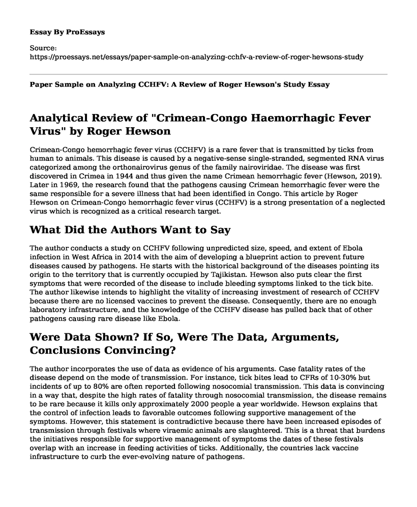 Paper Sample on Analyzing CCHFV: A Review of Roger Hewson's Study