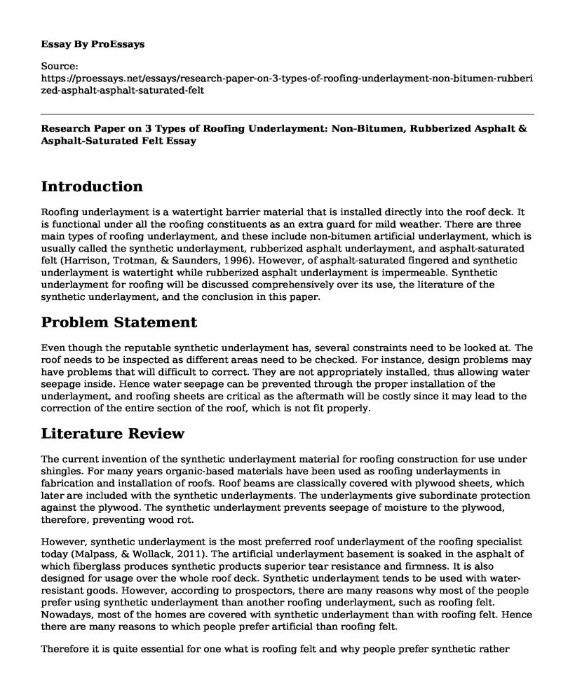 Research Paper on 3 Types of Roofing Underlayment: Non-Bitumen, Rubberized Asphalt & Asphalt-Saturated Felt