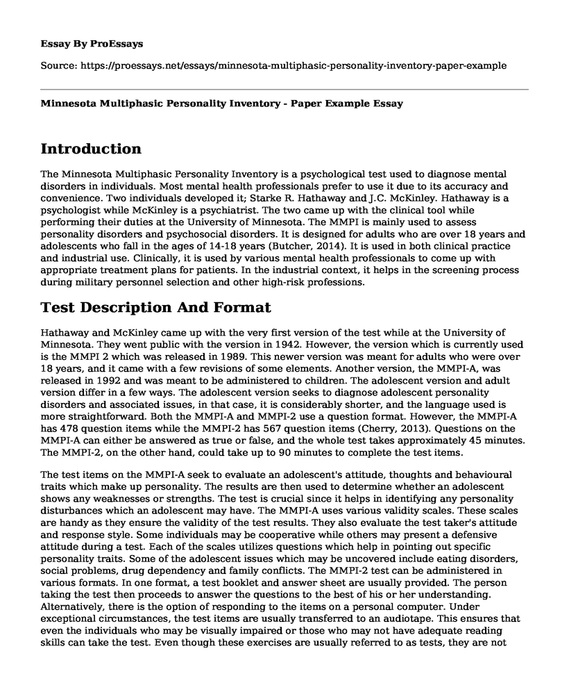 Minnesota Multiphasic Personality Inventory - Paper Example