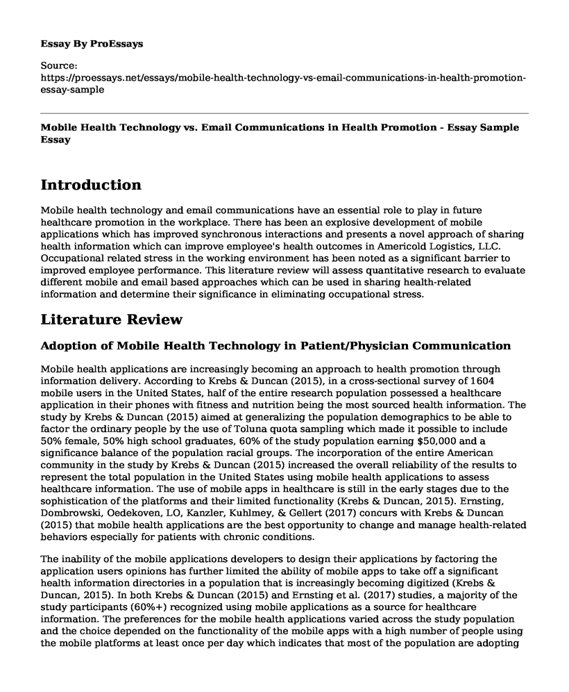 Mobile Health Technology vs. Email Communications in Health Promotion - Essay Sample