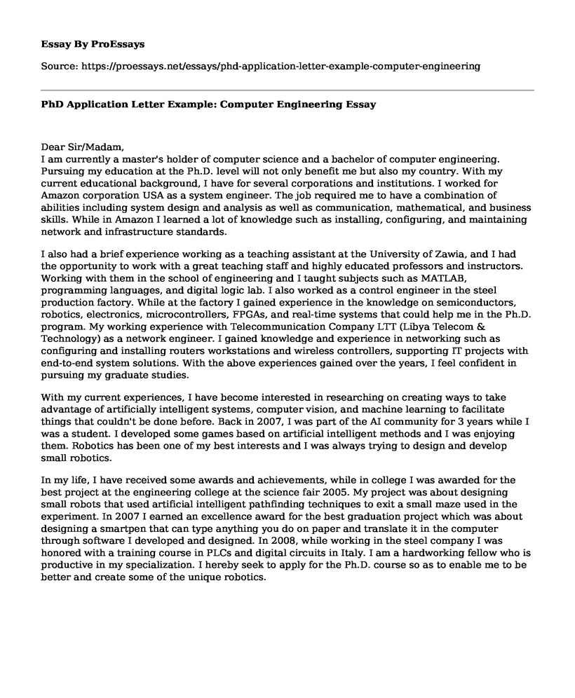 PhD Application Letter Example: Computer Engineering
