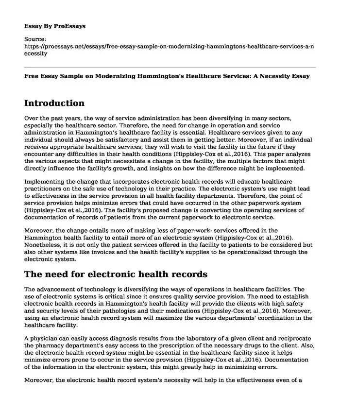 Free Essay Sample on Modernizing Hammington's Healthcare Services: A Necessity