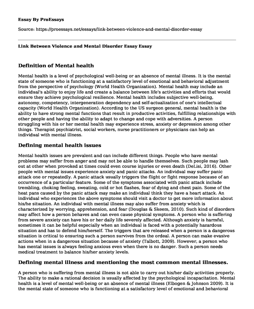 Link Between Violence and Mental Disorder Essay