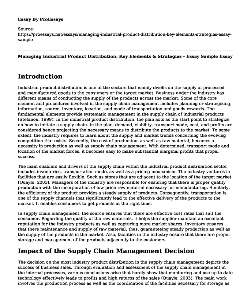 Managing Industrial Product Distribution: Key Elements & Strategies - Essay Sample