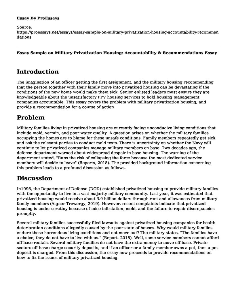 Essay Sample on Military Privatization Housing: Accountability & Recommendations