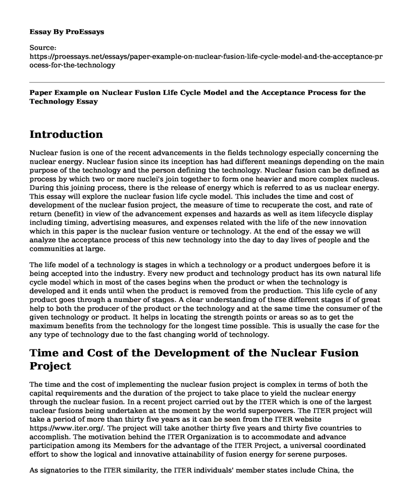 Paper Example on Nuclear Fusion Life Cycle Model and the Acceptance Process for the Technology