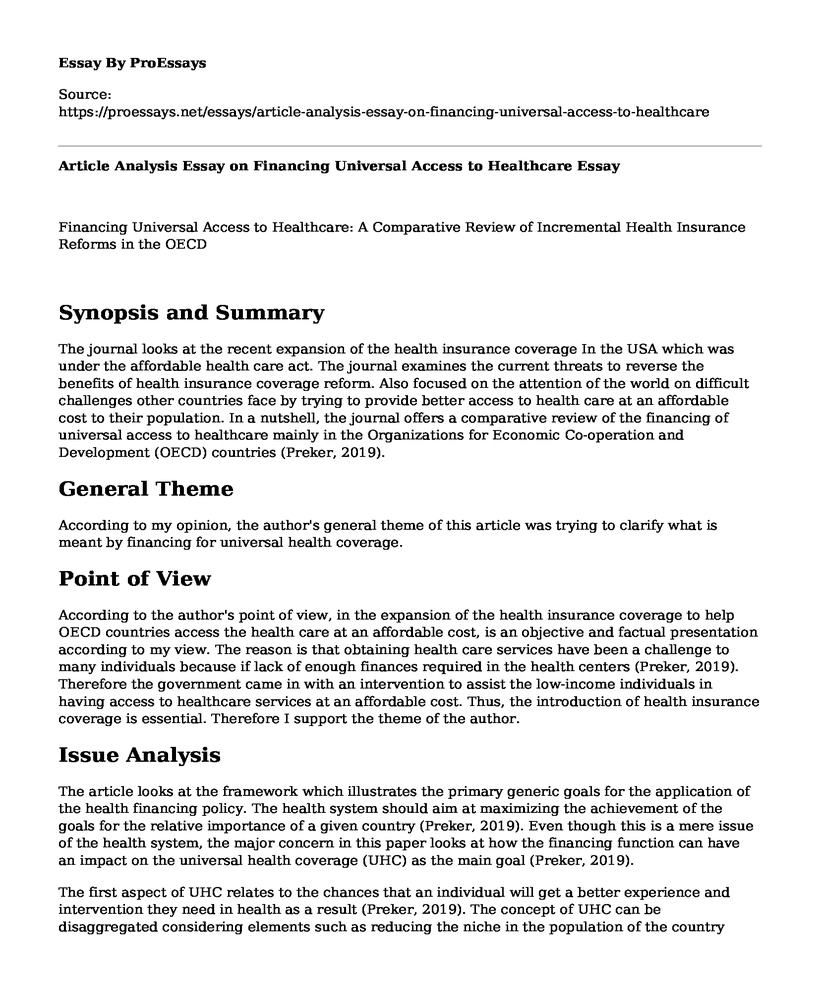 Article Analysis Essay on Financing Universal Access to Healthcare