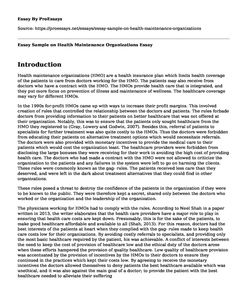 Essay Sample on Health Maintenance Organizations