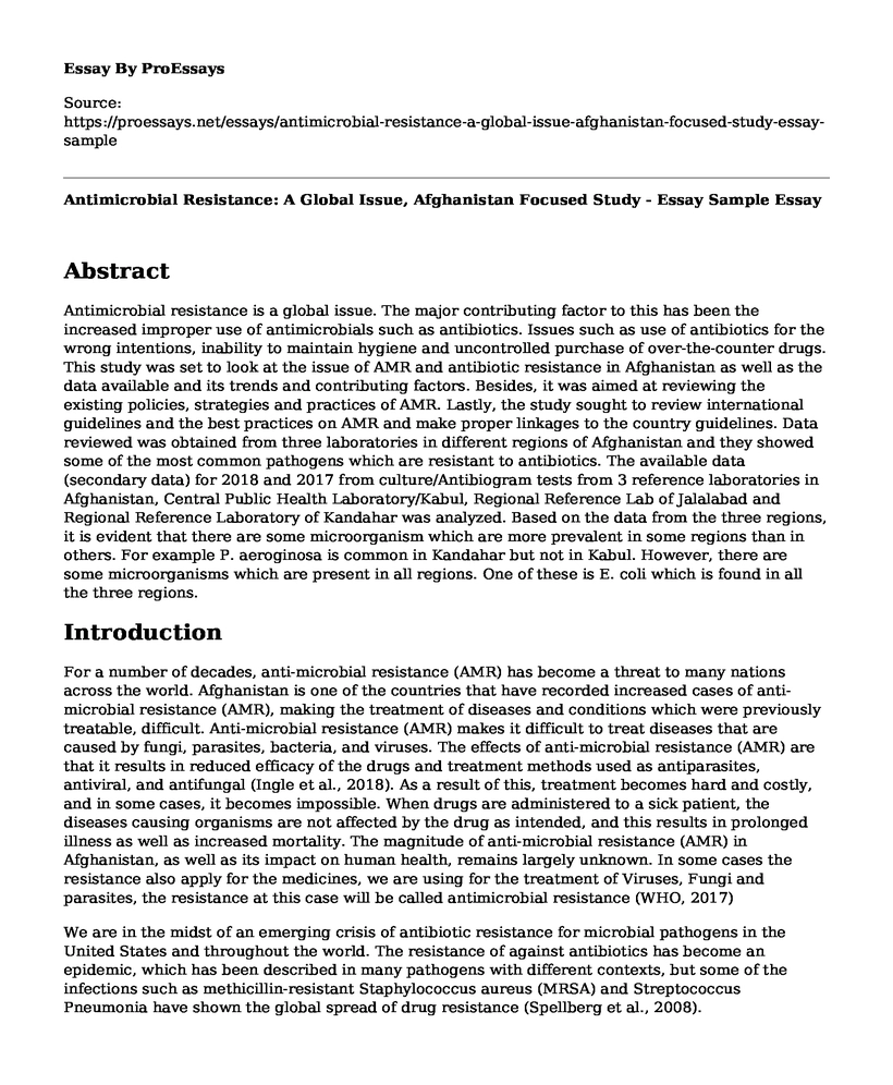Antimicrobial Resistance: A Global Issue, Afghanistan Focused Study - Essay Sample