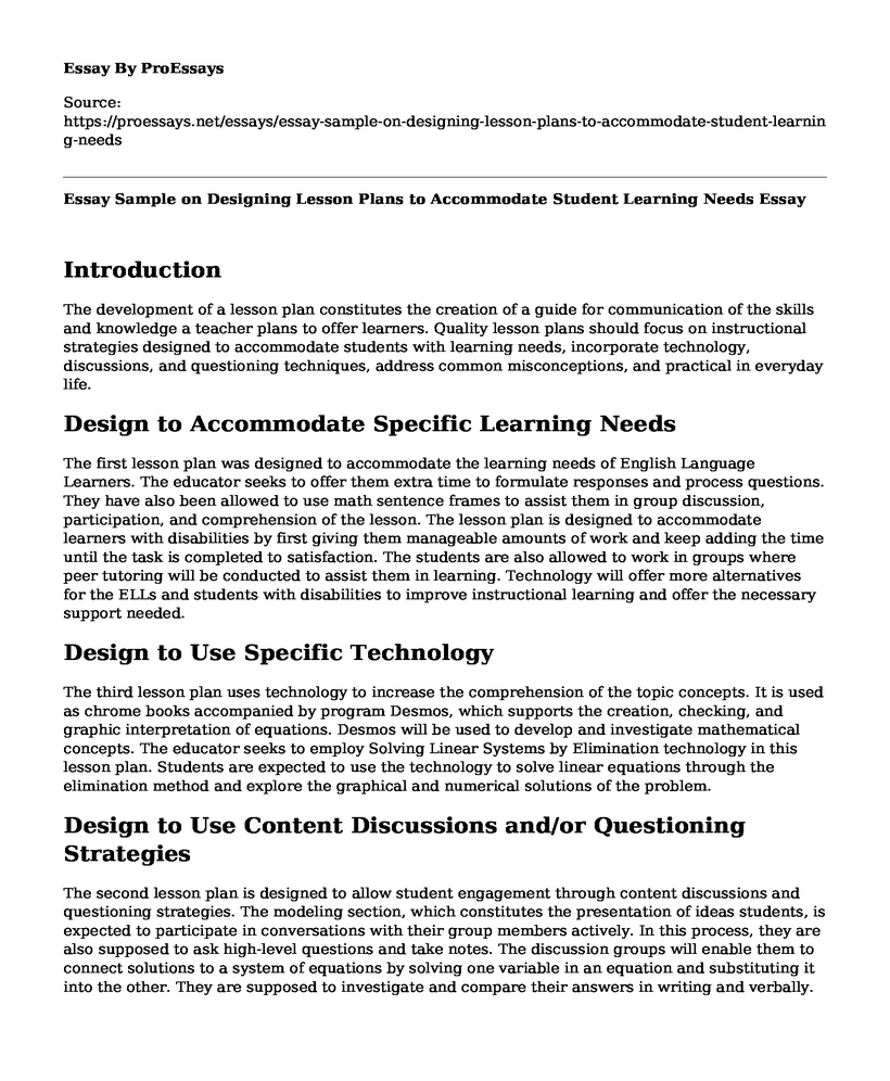 Essay Sample on Designing Lesson Plans to Accommodate Student Learning Needs