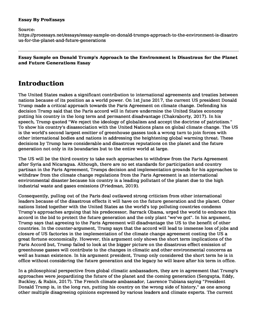 Essay Sample on Donald Trump's Approach to the Environment is Disastrous for the Planet and Future Generations