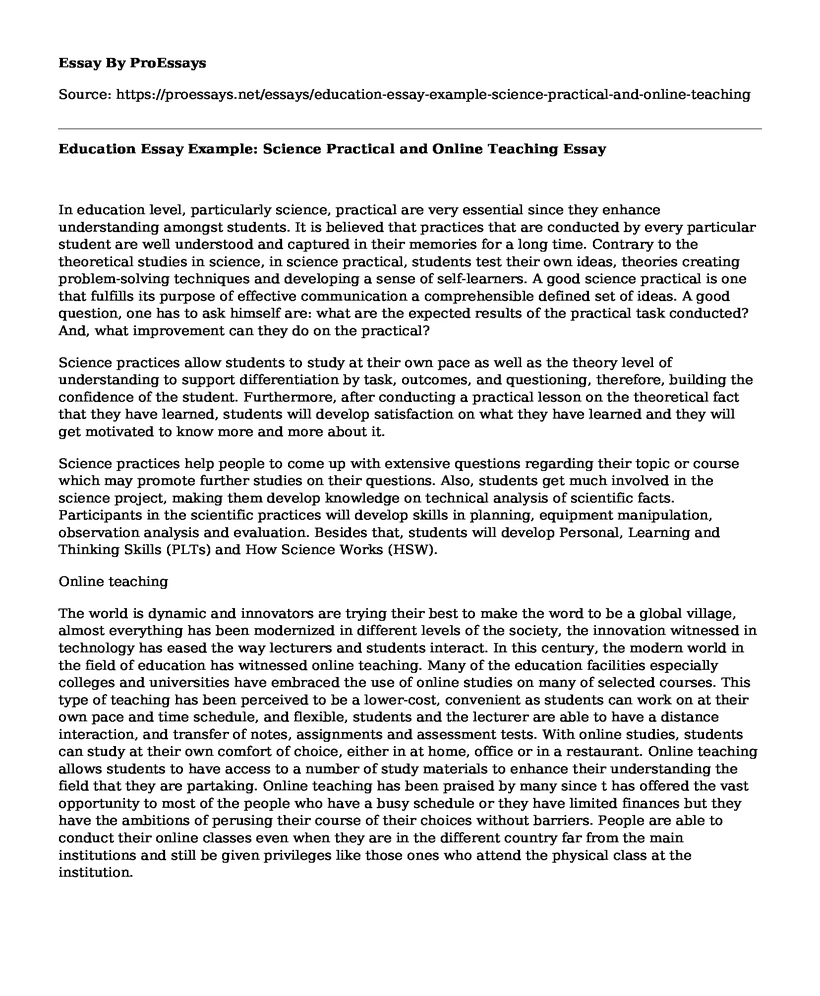 Education Essay Example: Science Practical and Online Teaching
