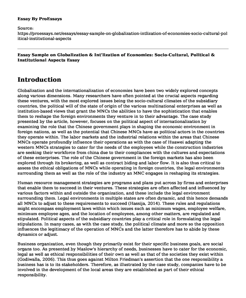 Essay Sample on Globalization & Int'lization of Economies: Socio-Cultural, Political & Institutional Aspects