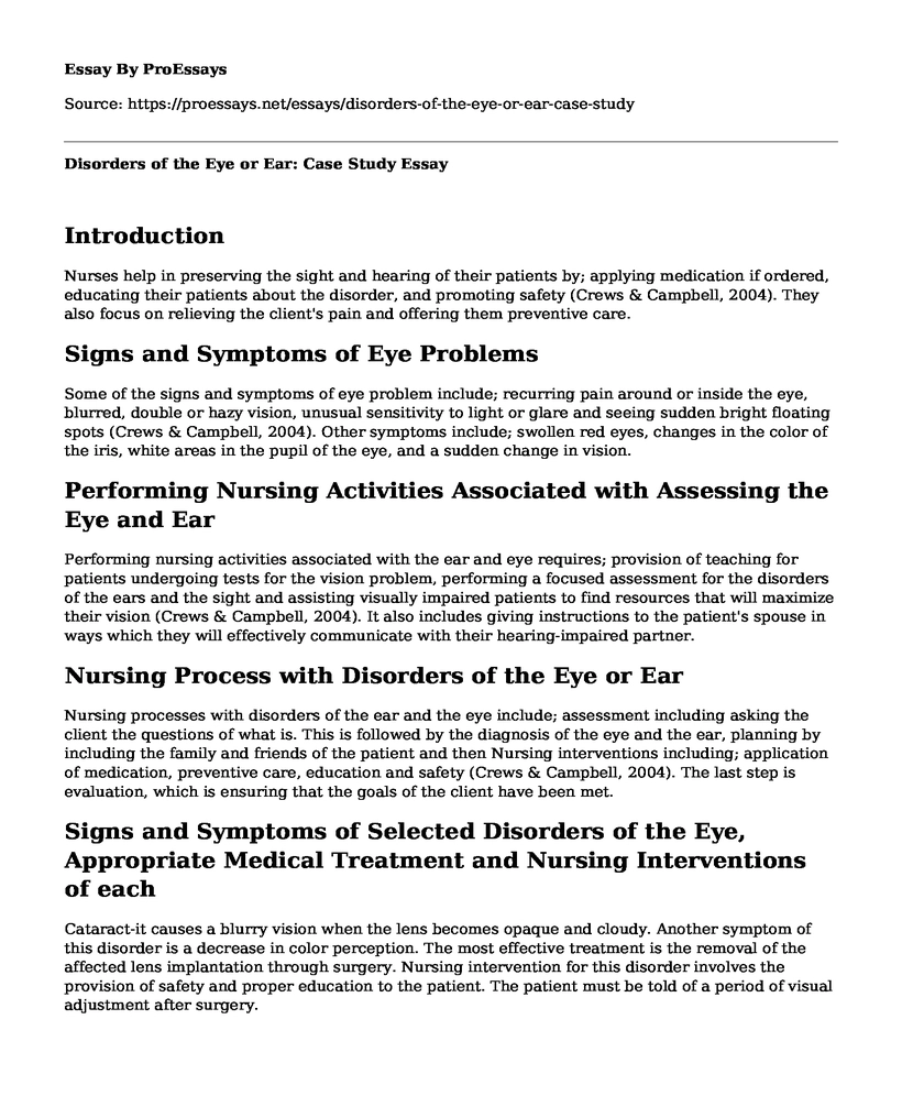 Disorders of the Eye or Ear: Case Study