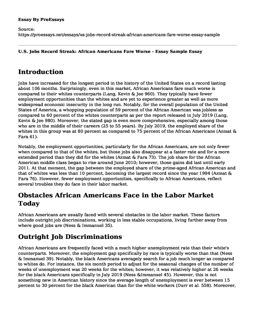 U.S. Jobs Record Streak: African Americans Fare Worse - Essay Sample