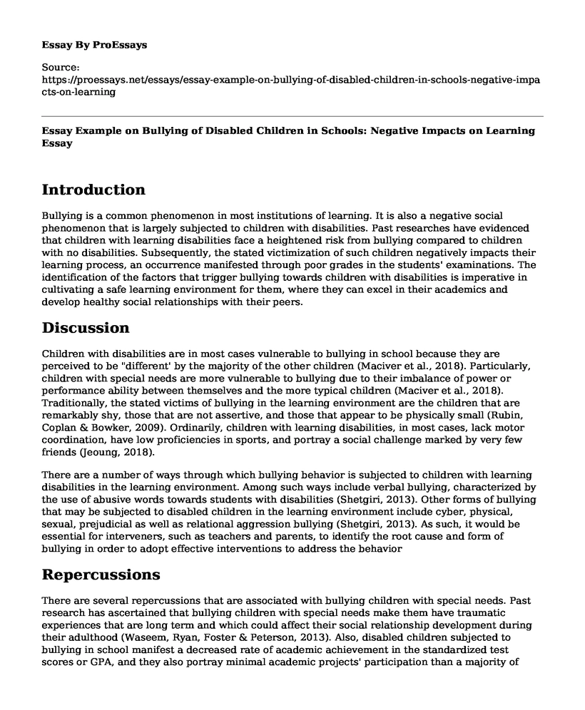 Essay Example on Bullying of Disabled Children in Schools: Negative Impacts on Learning