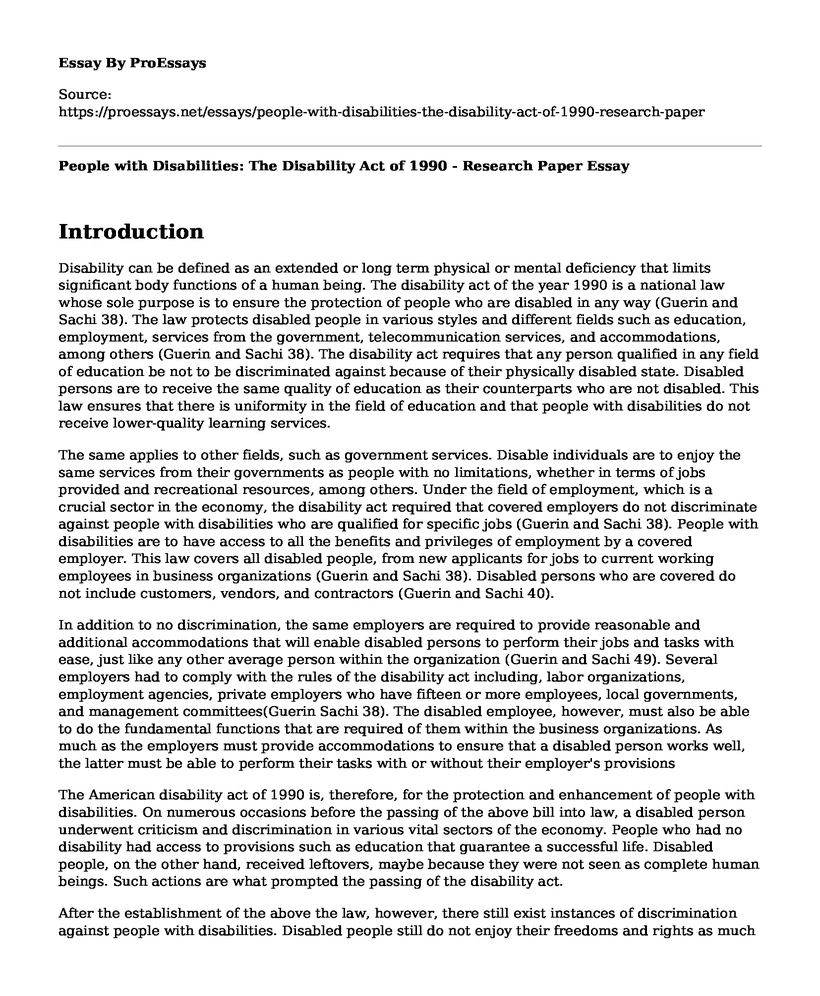 People with Disabilities: The Disability Act of 1990 - Research Paper