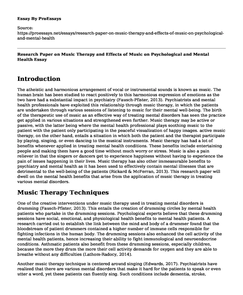 Research Paper on Music Therapy and Effects of Music on Psychological and Mental Health