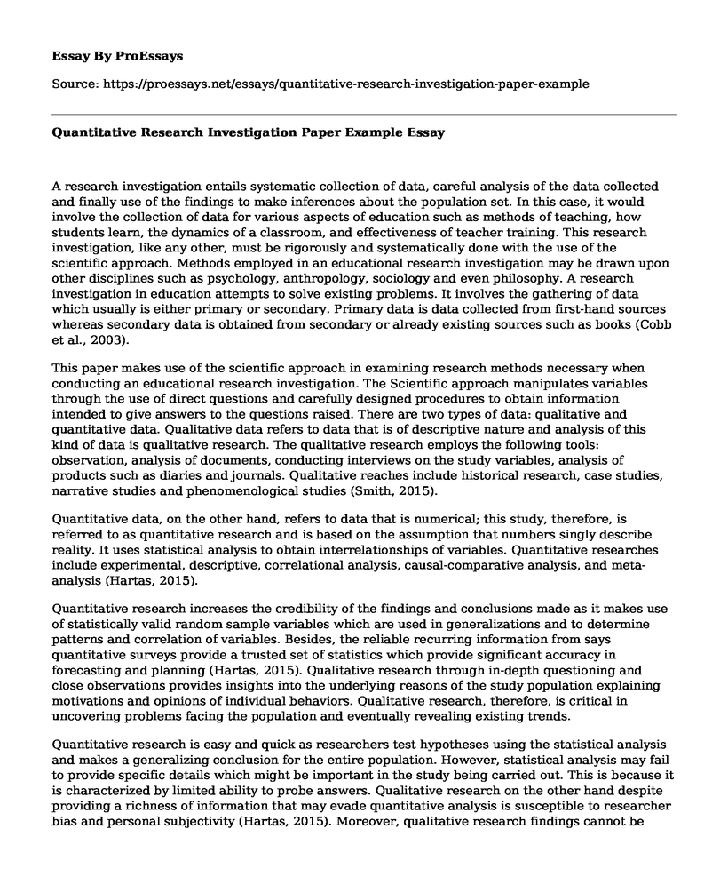 Quantitative Research Investigation Paper Example