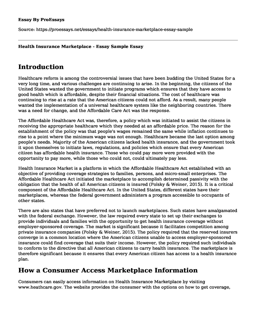 Health Insurance Marketplace - Essay Sample