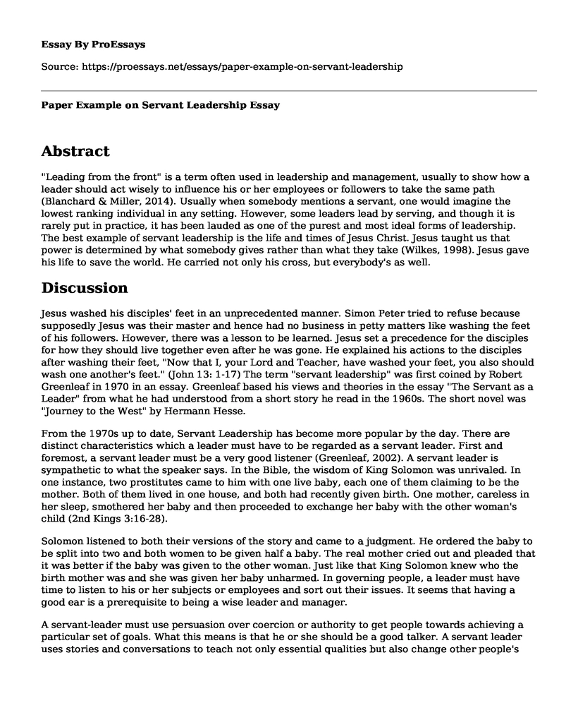 Paper Example on Servant Leadership