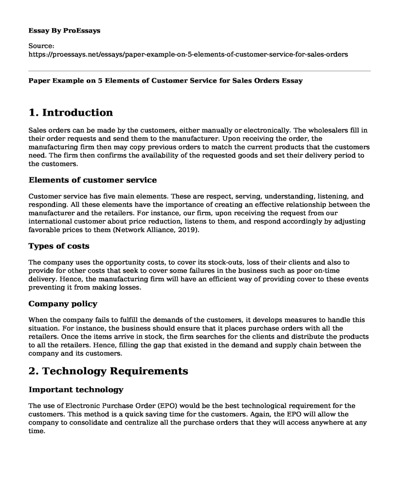 Paper Example on 5 Elements of Customer Service for Sales Orders