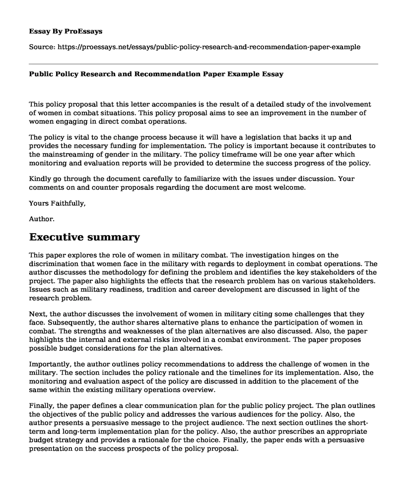 Public Policy Research and Recommendation Paper Example