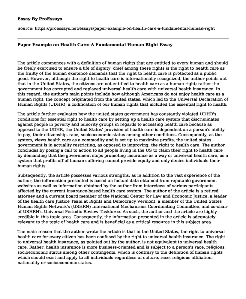 Paper Example on Health Care: A Fundamental Human Right
