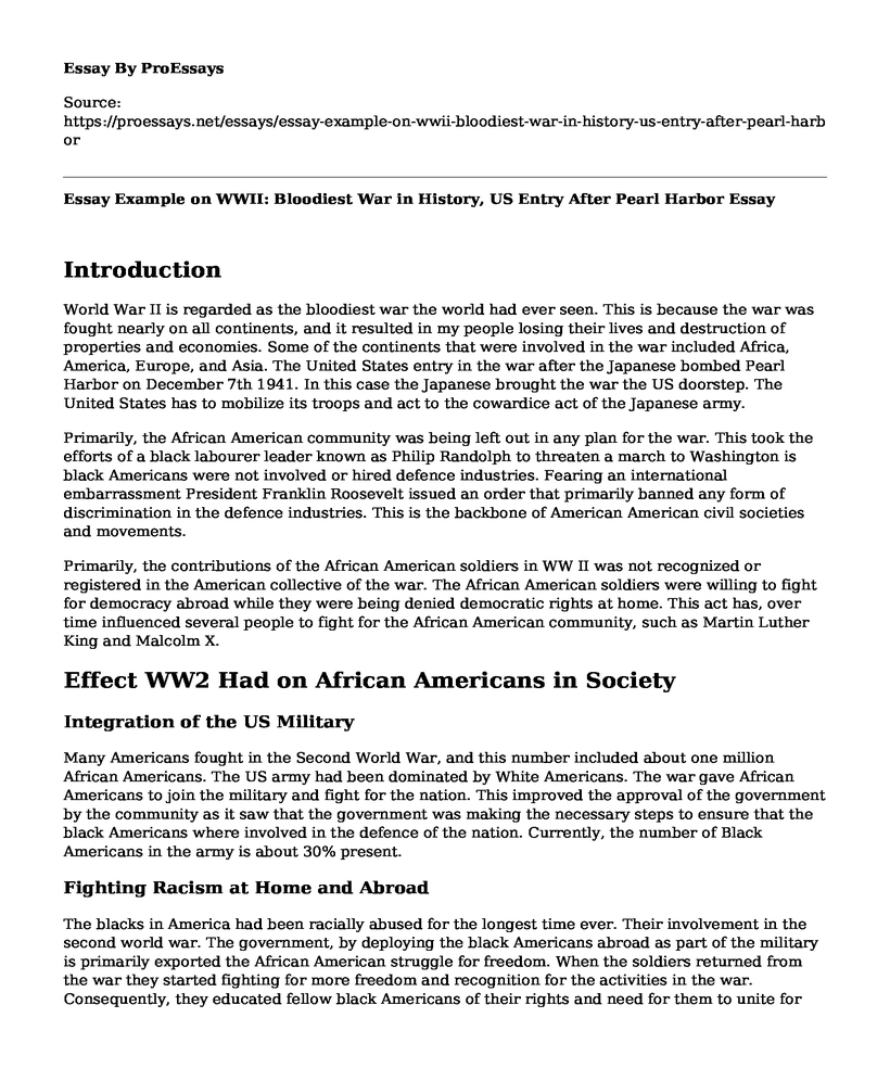Essay Example on WWII: Bloodiest War in History, US Entry After Pearl Harbor