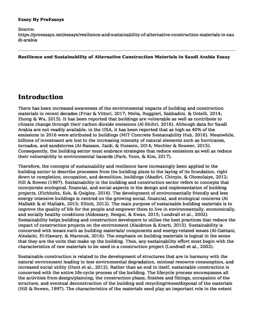 Resilience and Sustainability of Alternative Construction Materials in Saudi Arabia