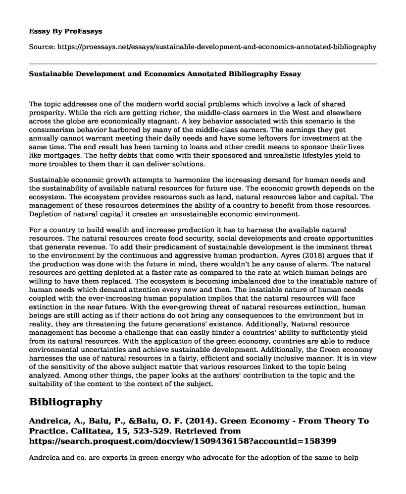 Sustainable Development and Economics Annotated Bibliography