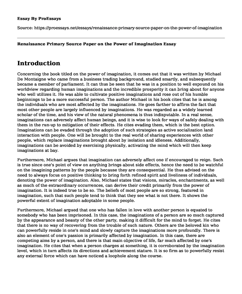 Renaissance Primary Source Paper on the Power of Imagination