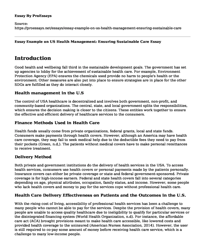 Essay Example on US Health Management: Ensuring Sustainable Care