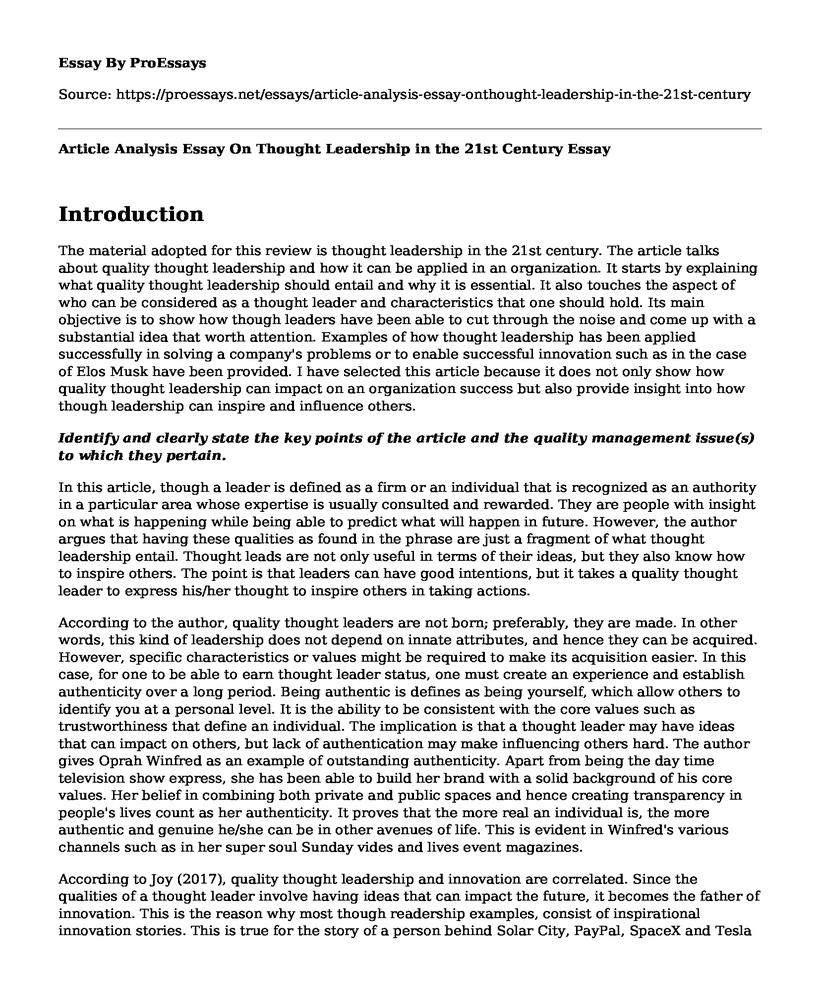 Article Analysis Essay On Thought Leadership in the 21st Century