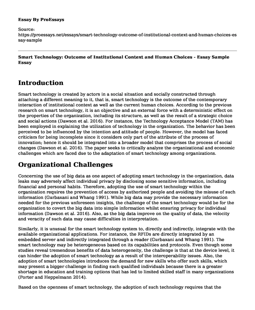 Smart Technology: Outcome of Institutional Context and Human Choices - Essay Sample