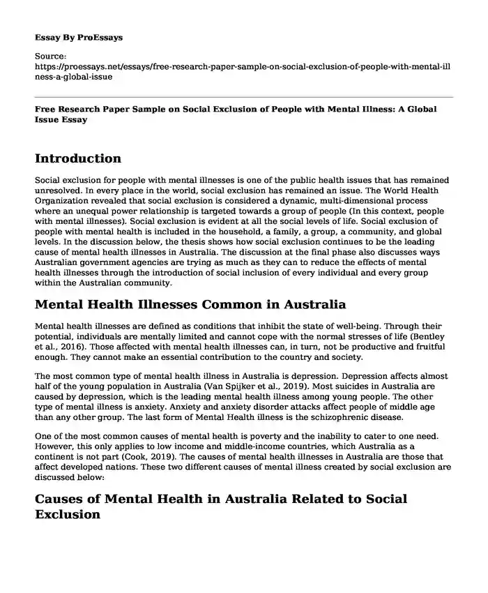 Free Research Paper Sample on Social Exclusion of People with Mental Illness: A Global Issue