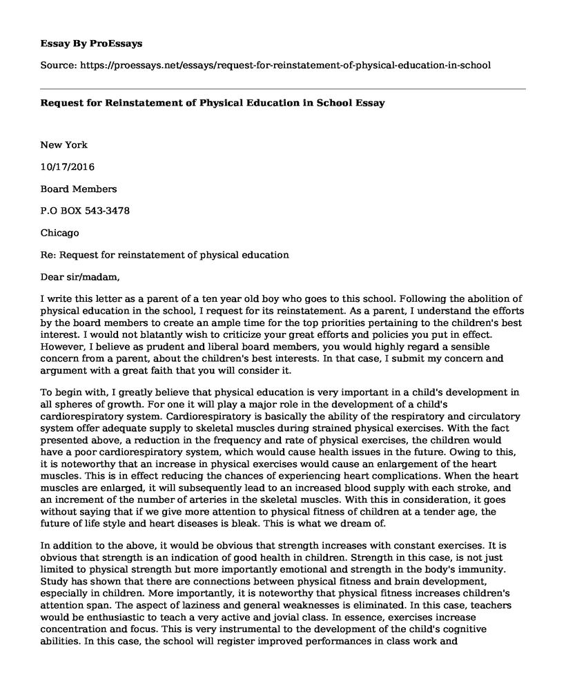 Request for Reinstatement of Physical Education in School