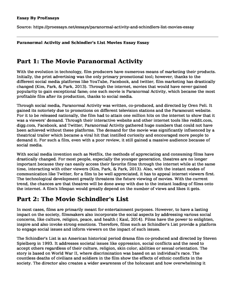 Paranormal Activity and Schindler's List Movies Essay